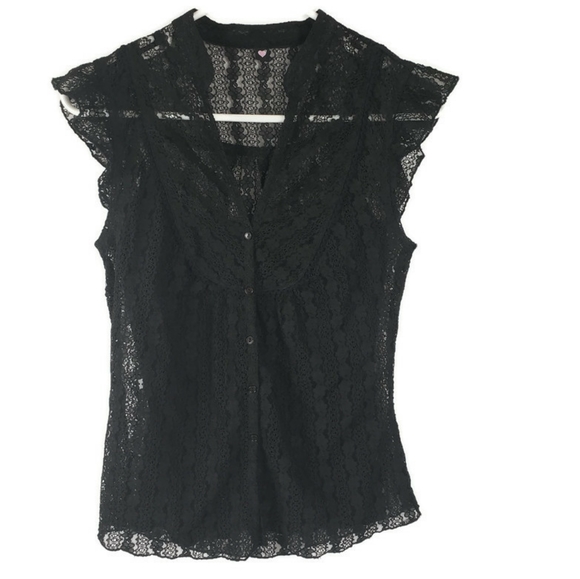 None Tops - Lace Button Up Medium Sleeveless Blouse